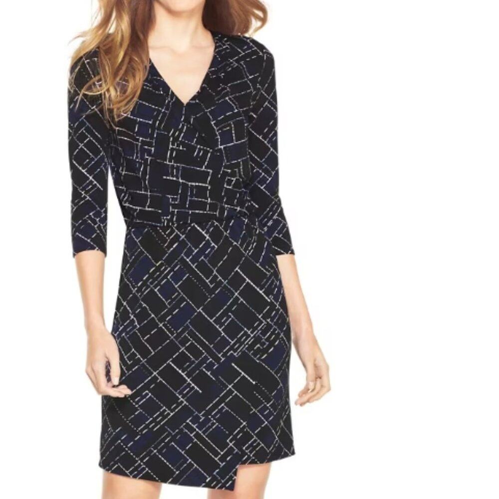 White House Black Market Printed Wrap Dress Size S 3/4 Sleeve Stretch